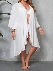Swim Lushoire Cubre pareo tipo kimono para mujer talla grande de color negro liso, suelto y liviano, funda de baño con manga larga y larga