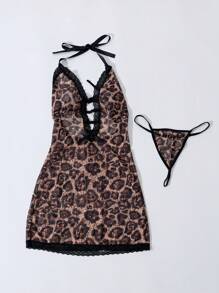2pcs Leopard Print Sexy Lace Patchwork Nightgown Set - Dark Grey - View 6