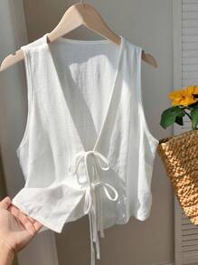 Comfortcana Blusa con nudo frontal de lino para mujer, top sin mangas