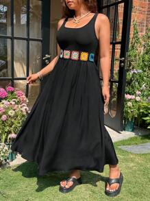 SHEIN EZwear Plus Size Black Maxi Dress: Sleeveless Scoop Neck Woven Fabric Dress With Crochet Detail For Summer  Black Women Dresses - Black - View 4