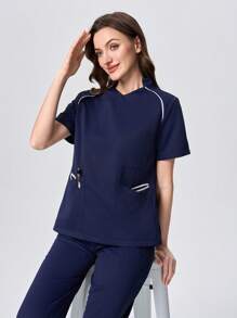 Scrubzie 2pcs Women Contrast Color Multi-Pocket Short Sleeve Top And Long Pants Uniform Set - Navy Blue - View 3