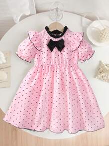 Young Girl Polka Dot Print Bow Decor Short Puff Sleeve Cute Casual Dress - Pink - View 1