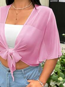 SHEIN EZwear Plus Size Women's Solid Color Cropped Short Sleeve Knotted Lightweight Jacket, Sheer - Pink - View 7