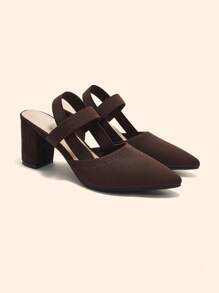 CUCCOO BASICS 女士咖啡色舒适透气编织弹力一脚蹬尖头粗跟高跟鞋 - 棕色 - 查看 2