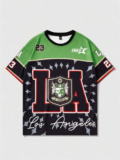 Prep Camiseta deportiva de fútbol de manga corta y cuello redondo con estampado de letras para hombres