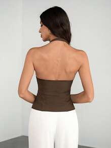 SHEIN Tall 女士 V 领纯色休闲西装外套梭织西装背心，性感办公室警笛复古教师秋季女士秋季西装办公室套装 - 棕色 - 查看 2