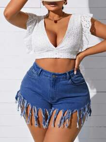 SHEIN SXY Plus Size Denim Shorts With Tassel Trim, Fashionable For Summer - Blue - View 1