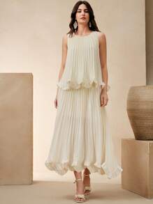 Anewsta Conjunto de dos piezas de top sin mangas con volantes plisados y falda elegante, romántico, para vacaciones, festivales, banquetes y citas para mujeres. Conjunto de ropa de primavera/verano. - Albaricoque - Ver 5