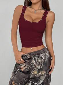 StreetHx Women Rivet Designed Cropped Fitted Tank Top, Streetwear Style, Autumn - Burgundy - View 6