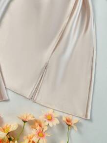 SilkySpell 4pcs Pajama Set: Embroidered Trim V-Neck Faux Silk Cami Sleep Dress And Cami Top & Shorts And Belted Robe, Fall Winter Clothes