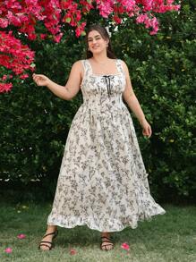 SHEIN MOD Plus Size Women's Romantic Black And White Floral Print Long Dress, Birthday Dress For Women, Casual Summer Dress, Flowing Women's Dress, Festive Style, Beach Dress Sundress, Bohemian Resort Wear,Milkmaid Dress - Multicolor - View 4