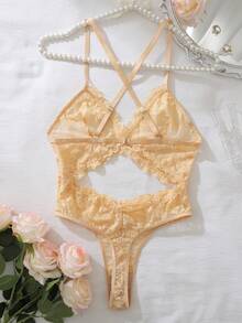 Seduluxe Women's Lace Backless Halter Bodysuit For Going Out - Apricot - View 2