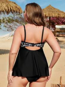 Swim Lushoire Große Größen Damen Neuer Bedruckter & einfarbiger 2 Stücke Tankini Badeanzug, verstellbare Träger, Push-Up-Unterbügel, Kreuzvorderseite, figurschmeichelnder hochgeschnittener Unterteil, elegant und modisch für Lässig Resort, Strand-Schwimmen - Verschiedenfarbig - Übersicht 2