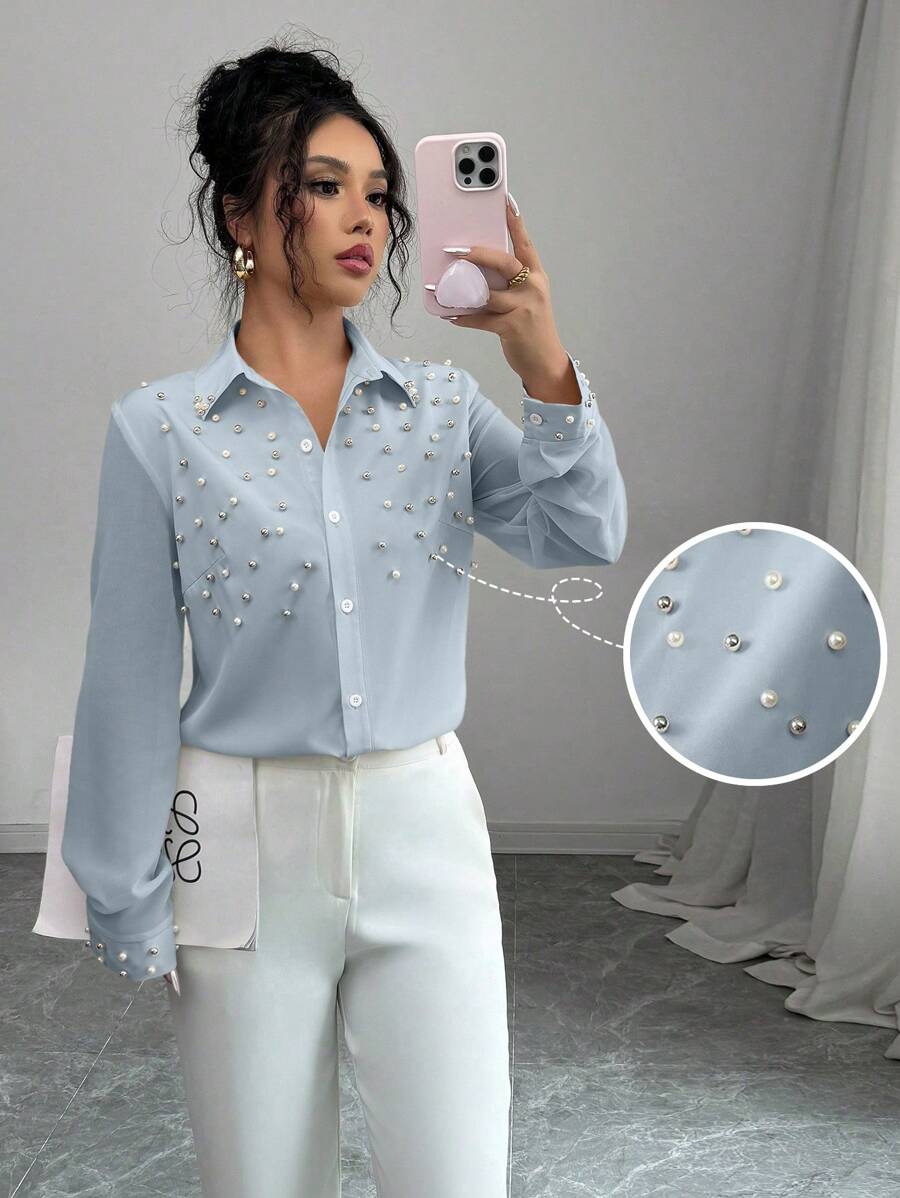 Elenzga 女士杏色铆钉拼布长袖衬衫 - 淺藍色 - 查看 1