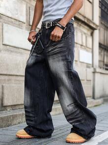 Manfinity EMRG Men's Black Denim Long Jeans With Zipper Detail And Distressed Wash - Black - View 1