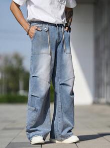 Manfinity Homme Men's Drawstring Waist Pockets Pleated Wide Leg Loose Casual Jeans - Light Wash - View 3