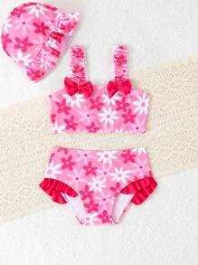 3pcs/Set Baby Girl Cute Flower Print Swimsuit Set - Multicolor - View 3