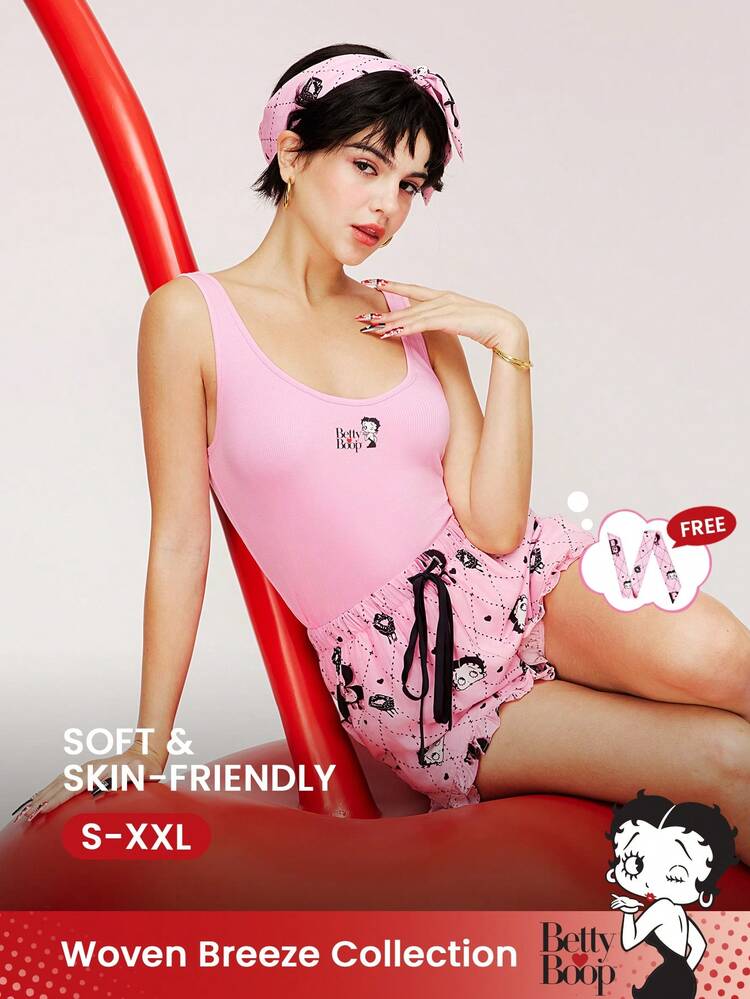 BETTY BOOP X LUVLETTE Ensemble de débardeur rose basique et short à motif X LUVLETTE. Ensemble de vêtements de détente avec poches. Sous-vêtements assortis pour mariée et intimes