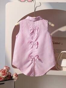 SHEIN Elladie kids Young Girls'Woven Striped Pastel Pink Sleeveless Asymmetric Blouse With Bowknot Back,Summer School Casual Outing Versatile Item Summer - Pink - View 4