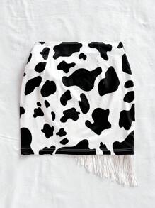 Soleia Fringe Tie-Up Mini Skirt With Cow Print, For Beach & Music Festival