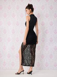 SHEIN MOD 黑色蕾丝旗袍连衣裙，中国传统风格女式长裙 - 黑色 - 查看 3