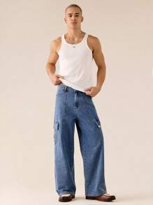 SWAVVY Men's Woven Daily Casual Loose Solid Color Elastic Waist Straight Leg Pants - Blue - View 7