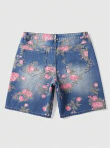 ROMWE MEN Men's Floral Print Patch Pocket Distressed Loose Casual Denim Shorts, Vacation - Blue - View 2