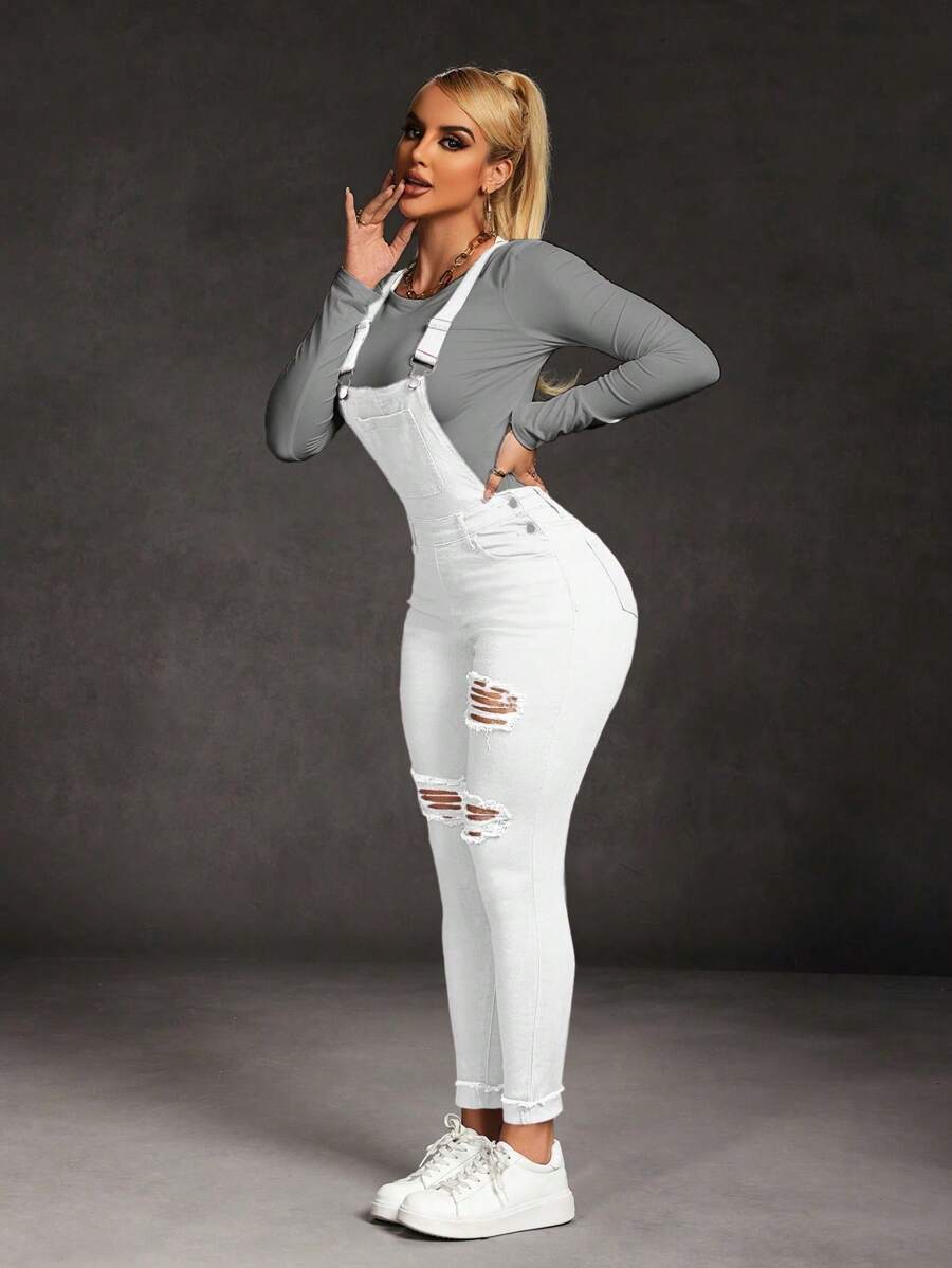 SHEIN SXY Women's Wide Strap Button Pocket Casual Denim Jumpsuit - White - View 1