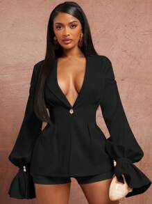 SHEIN SXY Spring And Summer Date Valentine's Day Elegant Wedding Vacation Birthday For Woman Woven Fabric Like Linen Bubble Sleeve Hip Lapel Collar Waist Sexy Suit Blazer - Black - View 6