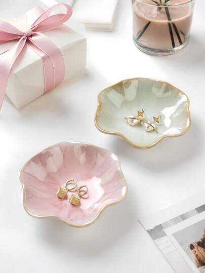 1pc Elegant Ceramic Lotus Leaf Jewelry Organizer Tray For Earrings, Rings, Keys And Small Accessories, Perfect Birthday Or New Year Gift, Desk Storage Valentine Day