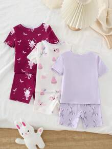 6 Pcs Baby & Baby Girl Rabbit & Flower Print Short Sleeve Top & Shorts Snug Fit Home Outfit Set - Multicolor - View 2