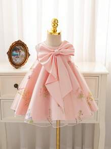 Glamorique Kids Flower Girl Children Girls Princess Dress, Satin Material Sleeveless Fresh Pink, Big Bow Front & Embroidered Butterfly Branch Hem, Suitable For Wedding, Birthday, Party & Special Occasion Baby Girls Dresses Party Dress Fashion Elegant Toddler Girls Baby Girls Party Dresses