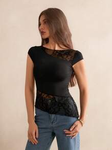 SHEIN Tall Women's Summer Slim Fit Asymmetric Lace Short Sleeve T-Shirt With Hem Splicing And Flutter Design, T-Shirt. - Black - View 6