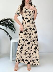 Al Najma Women's V-Neck Short Sleeve Floral Print Knit Dress,Beige,Summer,Tropical,Brunch,Vacation,Holiday Casual Work Wear,Black Flower Pattern Daily Party - White - View 4