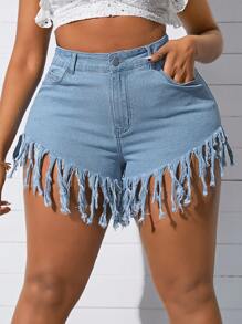 SHEIN SXY 大码流苏下摆牛仔短裤，休闲风