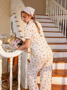 CottageSlumber Women's Contrast Color Trim Floral Print Lapel Short Sleeve Pajama Set - Multicolor - View 2