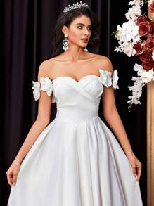 Glamrae Elegant White Satin Off The Shoulder Ruched Front Floral Decor Adjustable Tie Back Maxi Ballroom Dress With Dramatic Tail Train, Wedding Dress, Bride