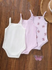 SHEIN 3pcs/Set Baby Girl Infant Casual Daily Wear Sweet Cute Pink Bow Pattern Soft Knitted Fabric Strap Bodysuit Set, Spring/Summer - Purple - View 2