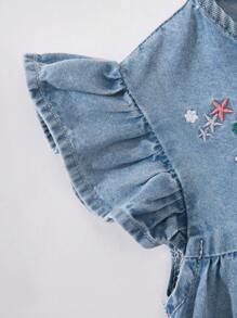 Baby Girl Ditsy Floral Embroidered Details Cap Sleeve Loose Denim Dress With High Ruffle Hem, Spring Countryside Style - Light Wash - View 4