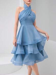 Modelyn 女士优雅灰蓝色欧根纱、褶皱、荷叶边领、三层荷叶边下摆连衣裙