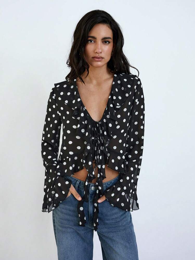 SHEIN Maija Spring/Summer New Vintage Polka Dot Print Design Front Tie Bow Ruffle Collar Asymmetric Hem Flare Sleeve Women Shirt, Fashionable Elegant Carnival/Party/Valentine's Day Outfit