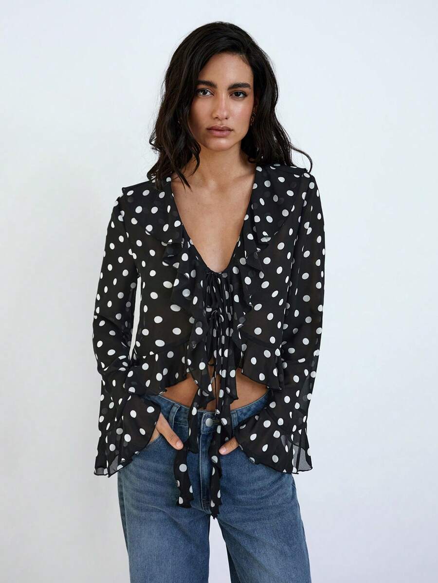 Maija 2025 Herbst/Winter Neue Vintage Polka Dot Muster Design Vordere Bindung Taille Rüschen Kragen Asymmetrischer Saum Weite Ärmel Damen Bluse, Modisch Lässig Chic Urban Elegant Romantisch Business Lässig Täglich Büro Party Strand Musik Festival Hochzeitsgast Brunch Y2K Retro Straßenmode Rückkehr zur Schule Herbst/Winter Damen Geburtstag Halloween