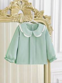 Young Girl Colorblock Floral Collar Ruffle Sleeve Blouse, Suitable For Daily Wear And Friendly Gatherings/Parties, Autumn/Spring