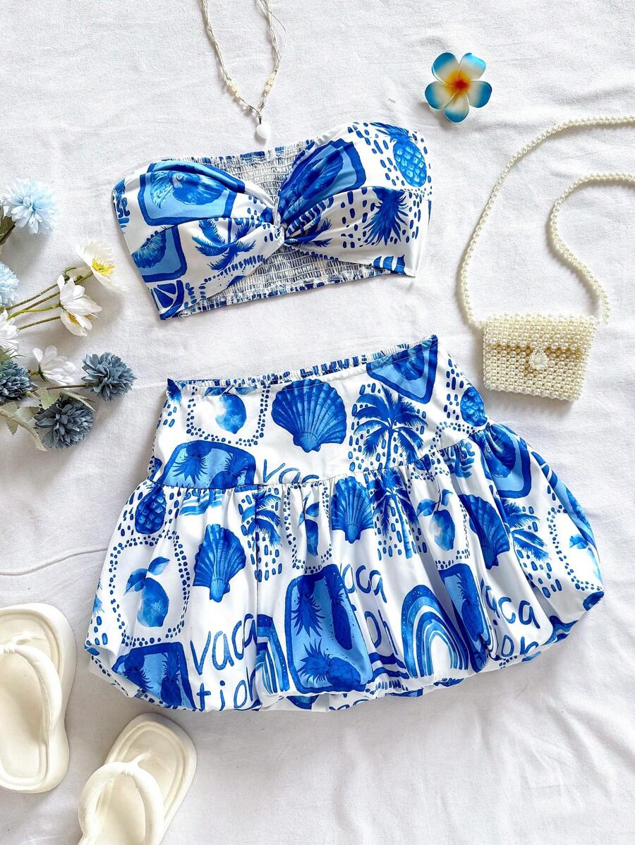 Soleia Bộ 2 món váy xòe họa tiết hàng hải màu xanh và trắng ngày lễ dành cho nữ và áo xoắn phía trước - Xanh và trắng - Xem 1