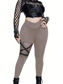 Whyspr 大码女式修身网眼拼布透明睫毛胶带紧身裤 - 卡其色 - 查看 8