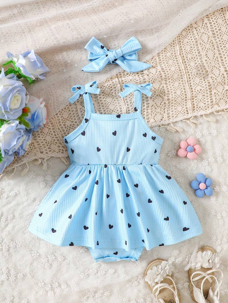 SHEIN Vintaside Kids Baby Girl Casual Heart Print Bowknot Decor Bodysuit, Summer - Blue - View 1