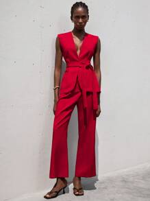 Aveloria Modichic Sleeveless V-Neck Belted Formal Waistcoat - Red - View 6
