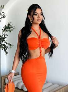 SHEIN SXY 夏季性感纯色镂空露背V领连衣裙