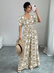 Elenzga Vacation Style Puff Sleeve V-Neck Elastic Waist Wide Leg Jumpsuit Pants - Coffee Brown - View 5