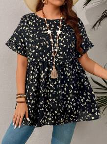 EMERY ROSE 大码休闲度假风格荷叶边袖全身印花衬衫，夏季，热带度假 - 黑色 - 查看 3